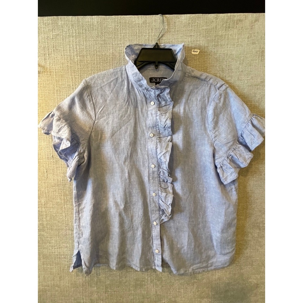 J.Crew Blue Linen Ruffle Trim Short Sleeve Button Up Blouse Top Size 8